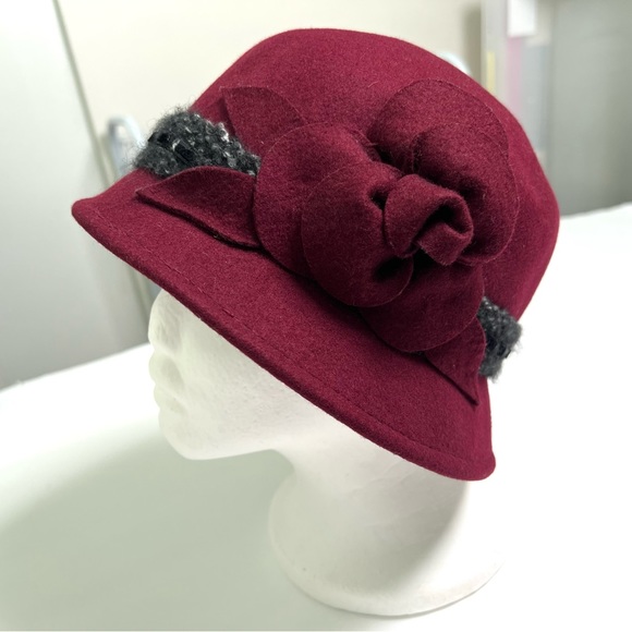 Toucan Collection Accessories - Toucan Vintage Inspired Wool Felt Cloche Hat with flower and ribbon trim O/S